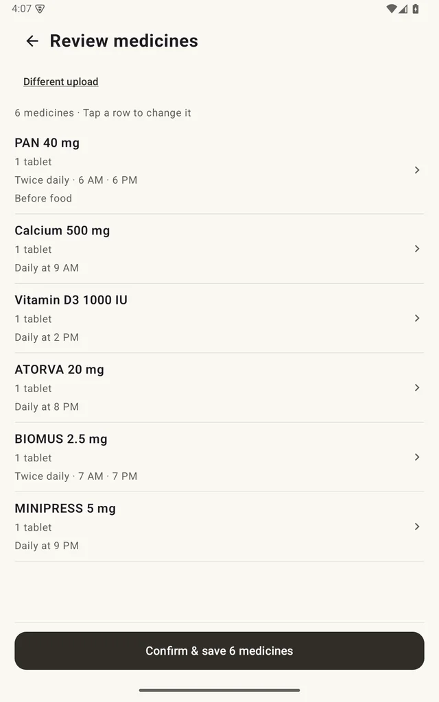 NextDose Review medicines list with a Confirm and save button